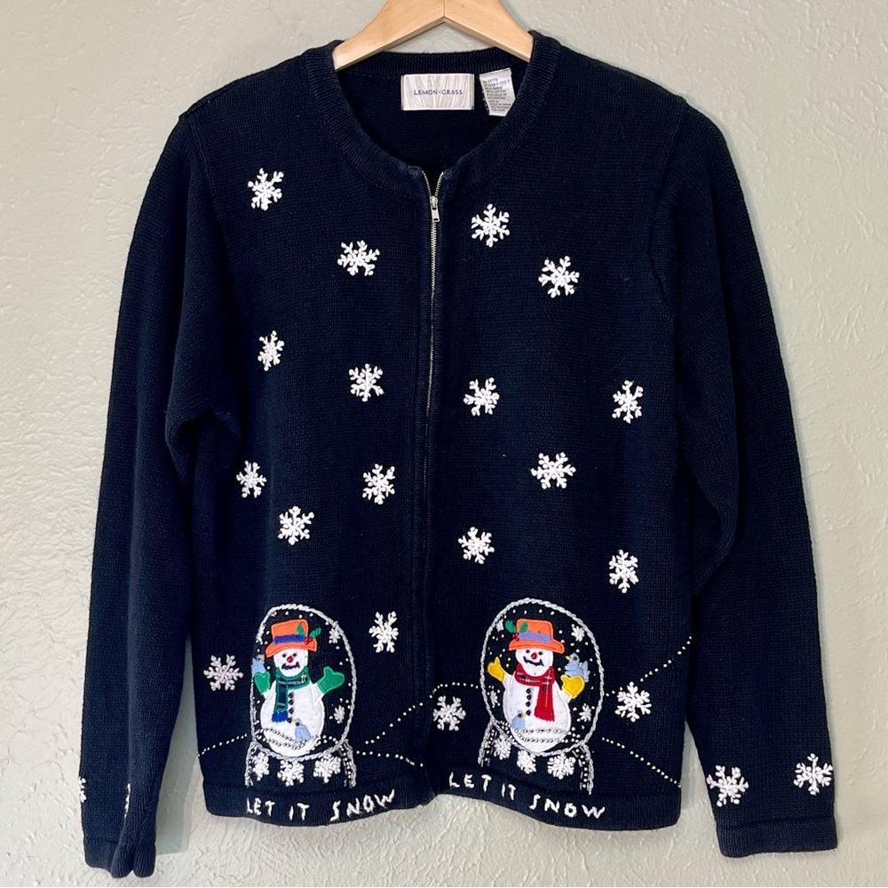 LEMON GRASS Christmas Sweater Zip Front Snowman Snowflake Graphic Black Size L